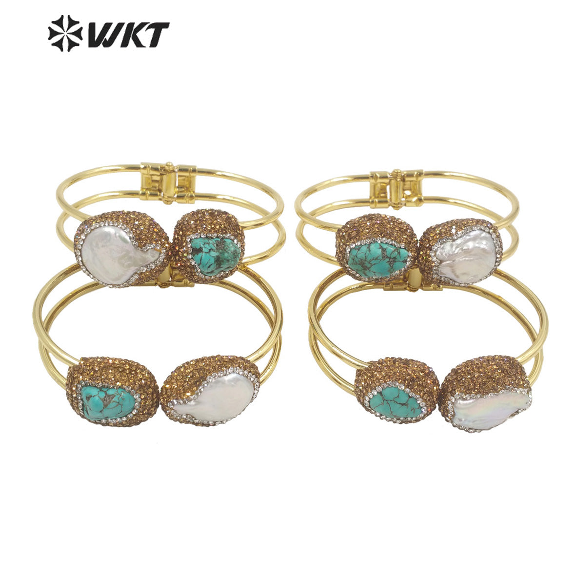 WT-MPB086 WKT 2023 New 18k Gold Plated Turquoise and Freshwater Pearl Cuff Bangle Boho Rhinestone Make Stone Bangle for Gift