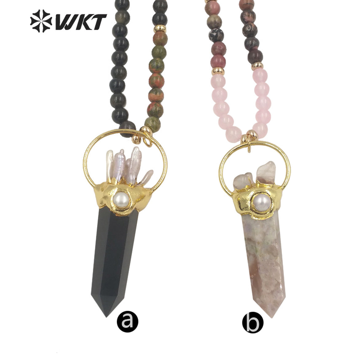 WT-N1338 WKT Women Fashion 30 Inch Long Bead Necklace Handmade Vintage Boho Gemstone Big Quartz Point Necklace Beads Necklace