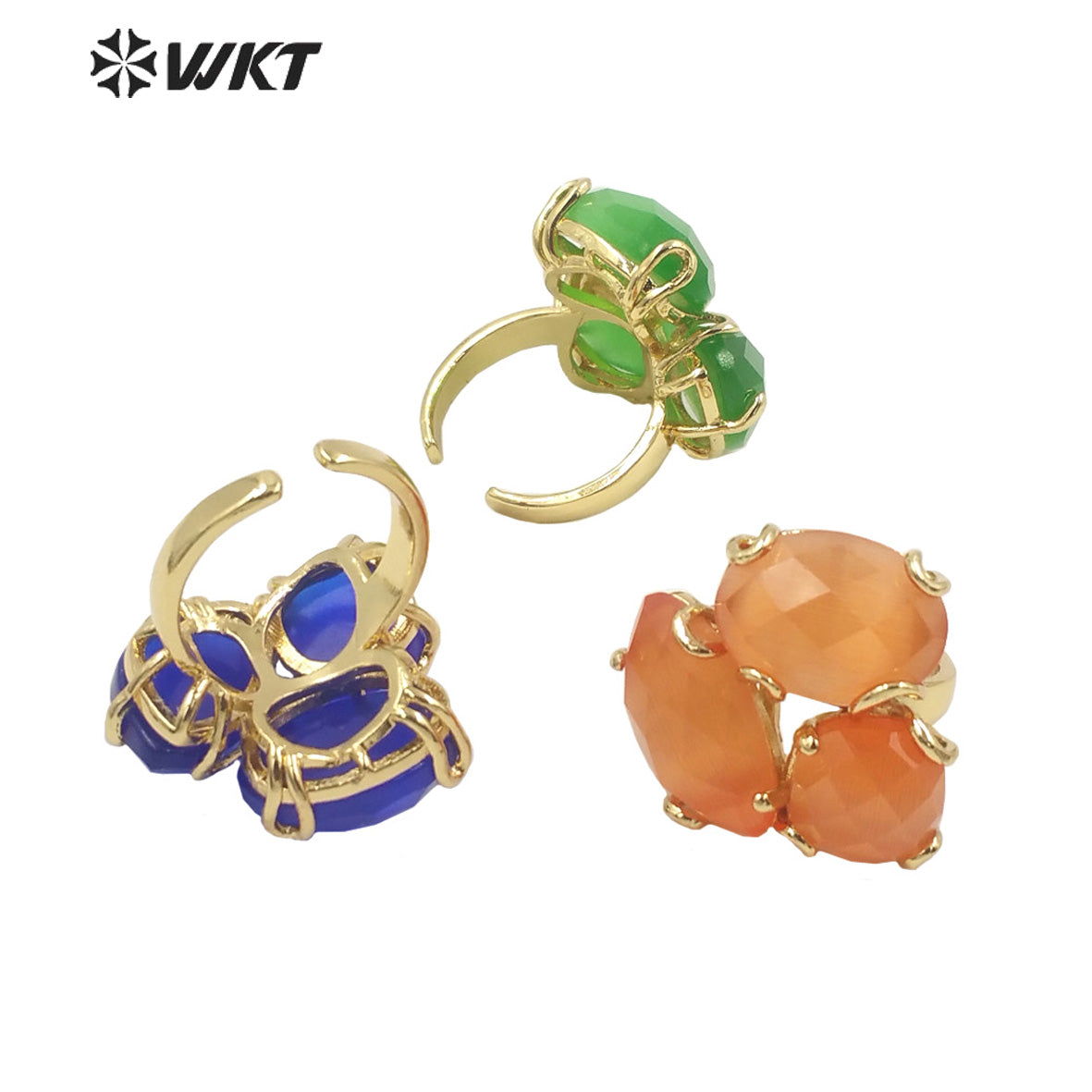 WT-R420 Europe Court style colorful Cat Eye stone Ring 18k real gold plated triple stone Flower Ring with Prong setting