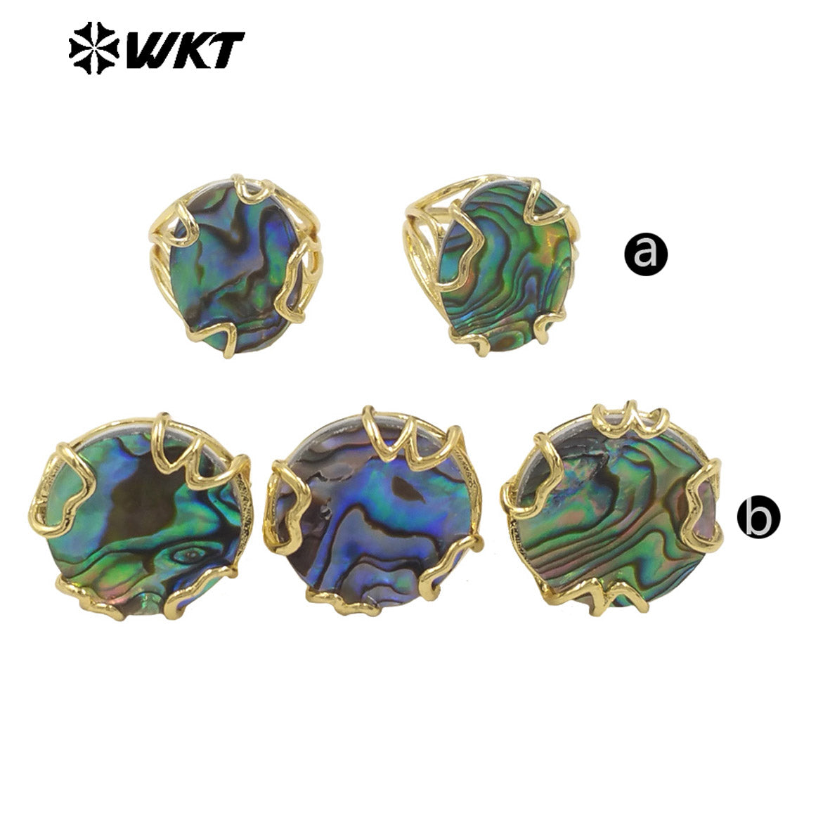 WT-MPR124 Women 18K Gold Plated Clawing Setting With Natural Round and Oval Abalone Shell Ring in Adjustable Size