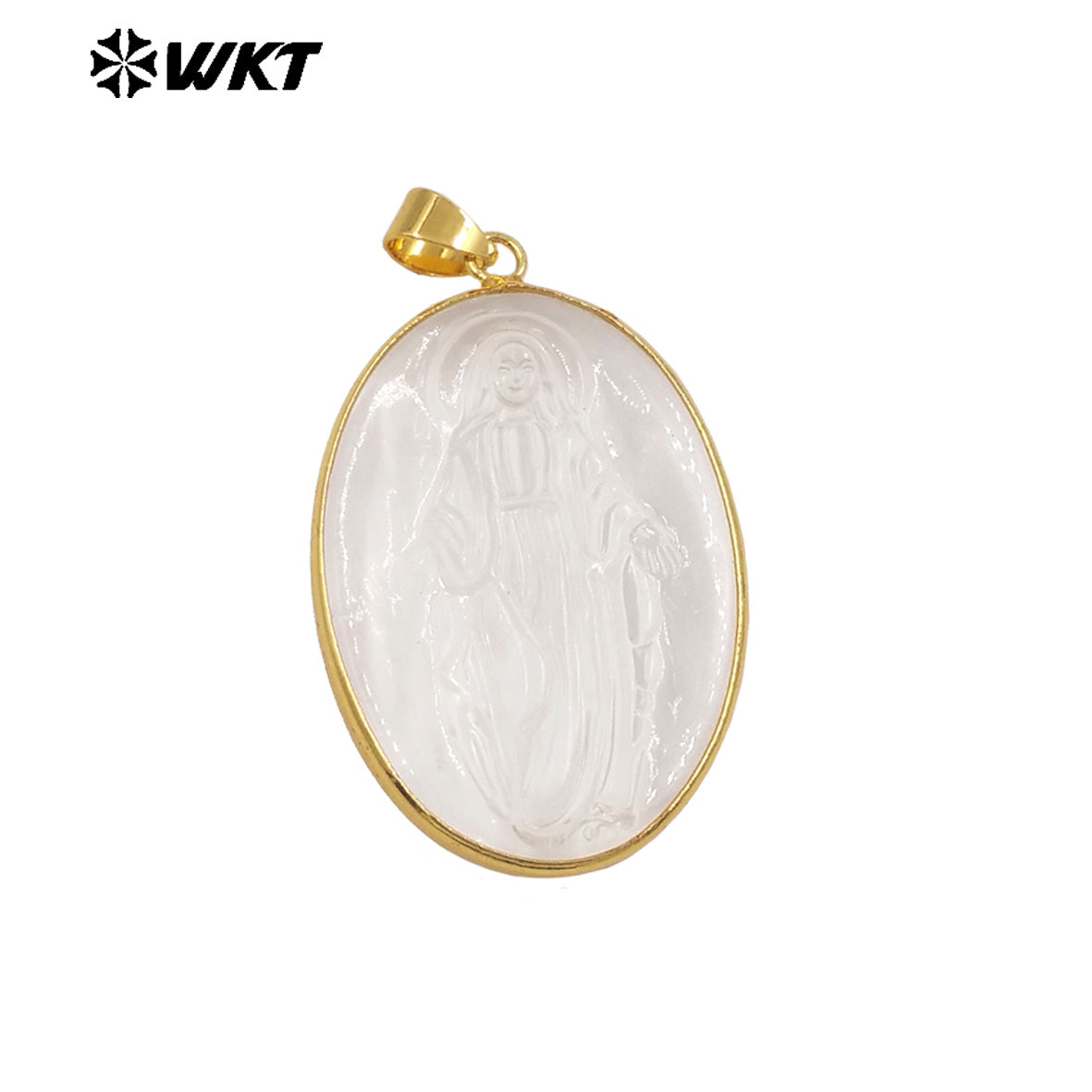 WT-JP427 New Sales Gold Plated Oval Shape Natural Crystal Quartz Stone Hand Carved Figure Clear Pendant For Necklace DIY