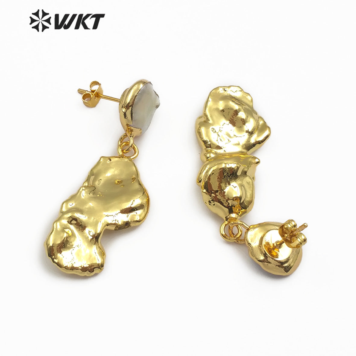 WT-E490 Boho Gift for Women Freshwater Pearl Stud With Random Shape Double Pearl Jewelry Full Gold Dipped Baroque Pearl Earring