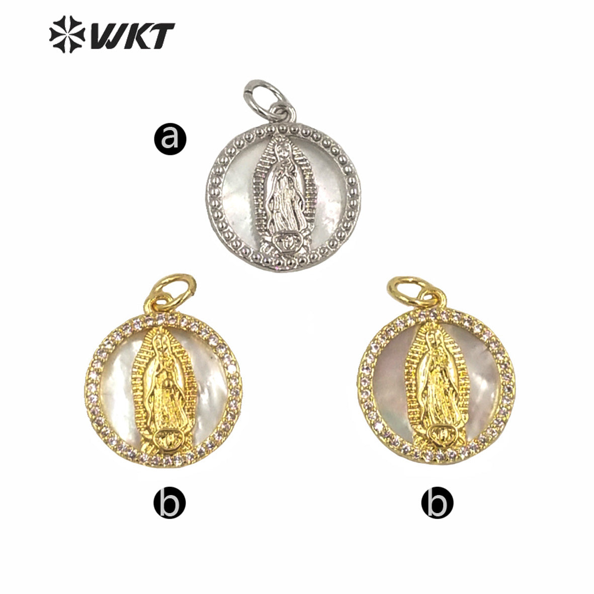 WT-MP156 WKT New Charming 15MM Natural Round Mop Shell Pendants Fashion Populared White Shell Gold Virgin Mary Pendants