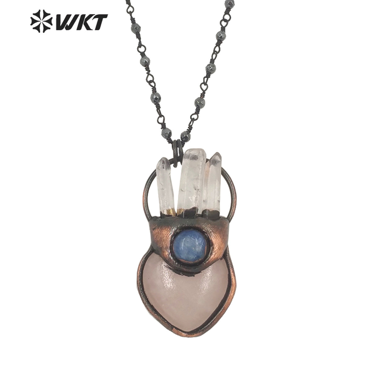 WT-N1341 WKT Natural Rose Quartz With Crystal Pendant Lovely Necklace Exquisite Heart Shape Natural Stone Jewelry Necklace