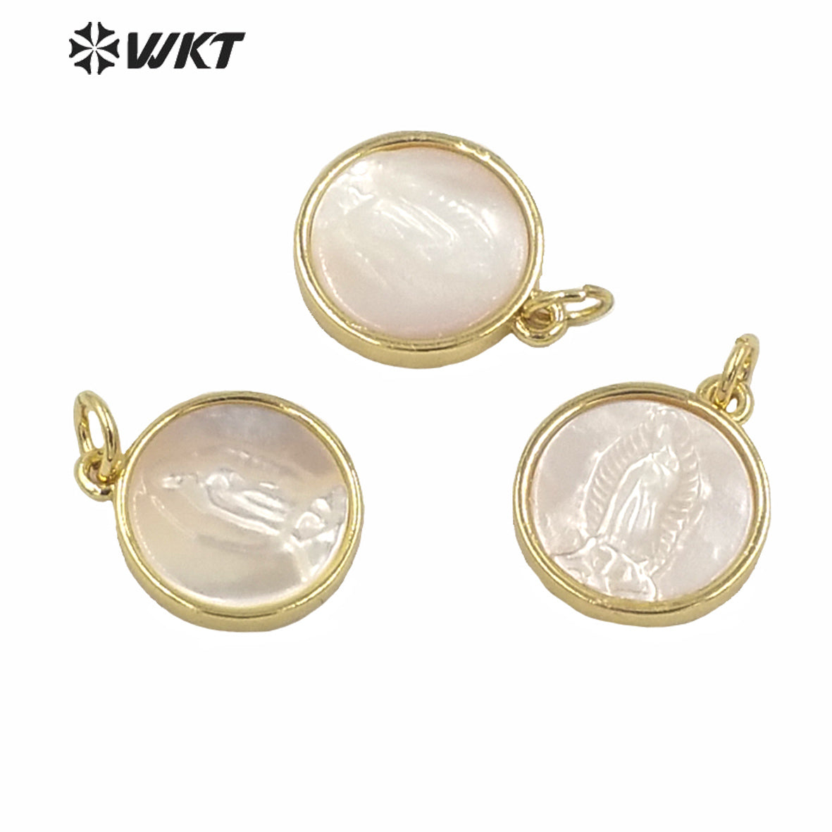 WT-MP171 Small Size Gold Bezel White Virgin Mary Pendant Lady Fashion Gold Shell 14mm Single Loop Mary Religious Pendant