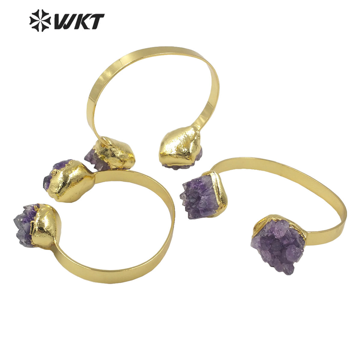 WT-B594 WKT 2022 Fashion Style Natural Amethyst Jewelry Stone Bracelet Opening Adjustable Gold Stone Bangle Women Jewelry