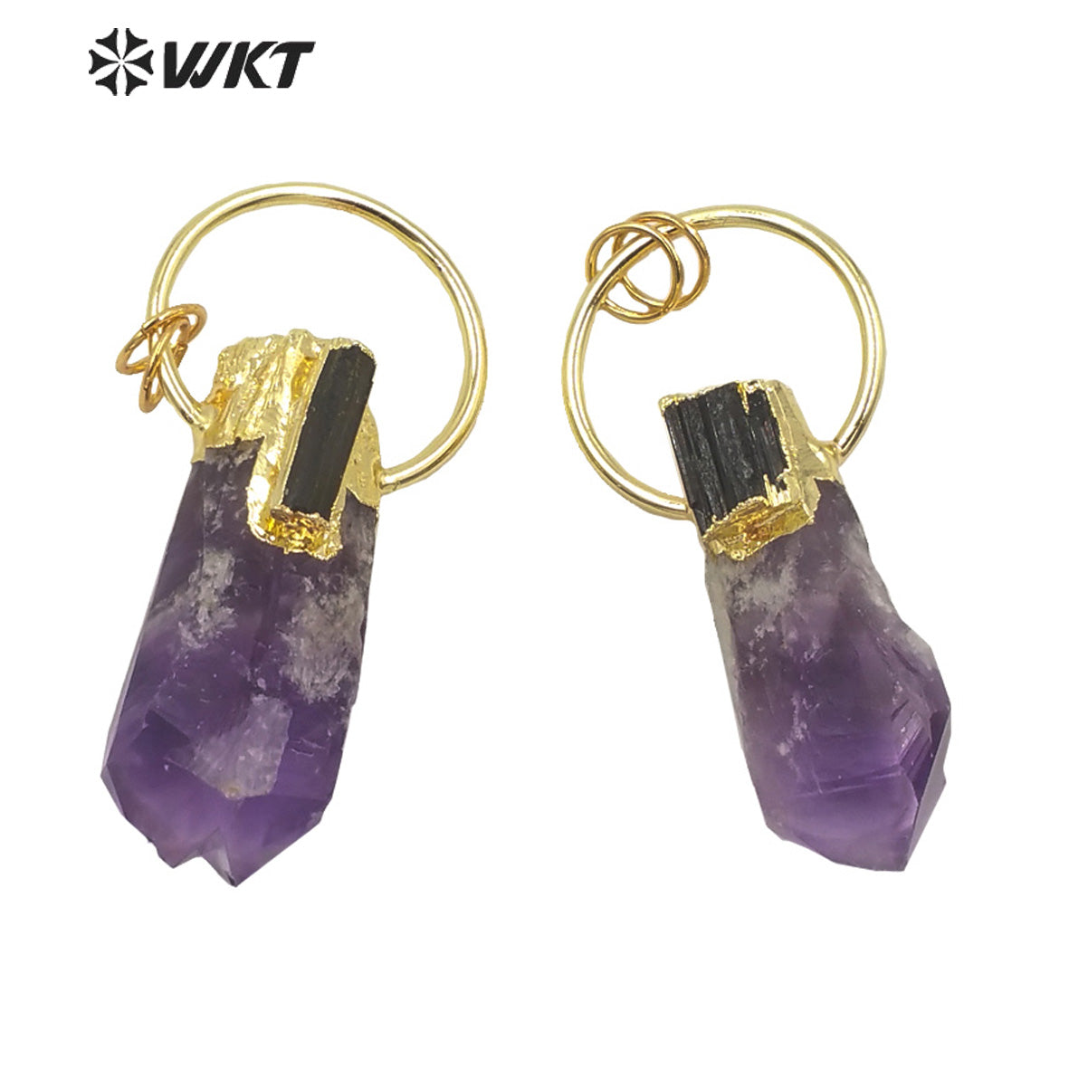 WT-P1624 Amazing Big Ring Decorated Natural Stone Amethyst Point Pendant With Black Tourmaline Women Fashion Gold Stone Pendant