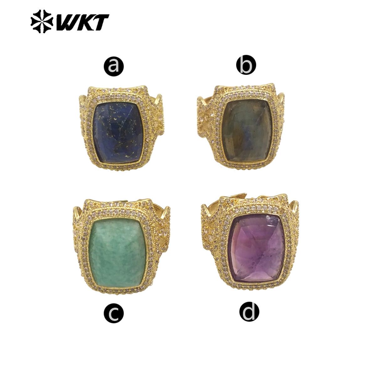 WT-MR033 Wholesale Fashion 18K Real Gold Plated Cubic Zircon and Natural Amazonite Amethyst Stone Ring for Women