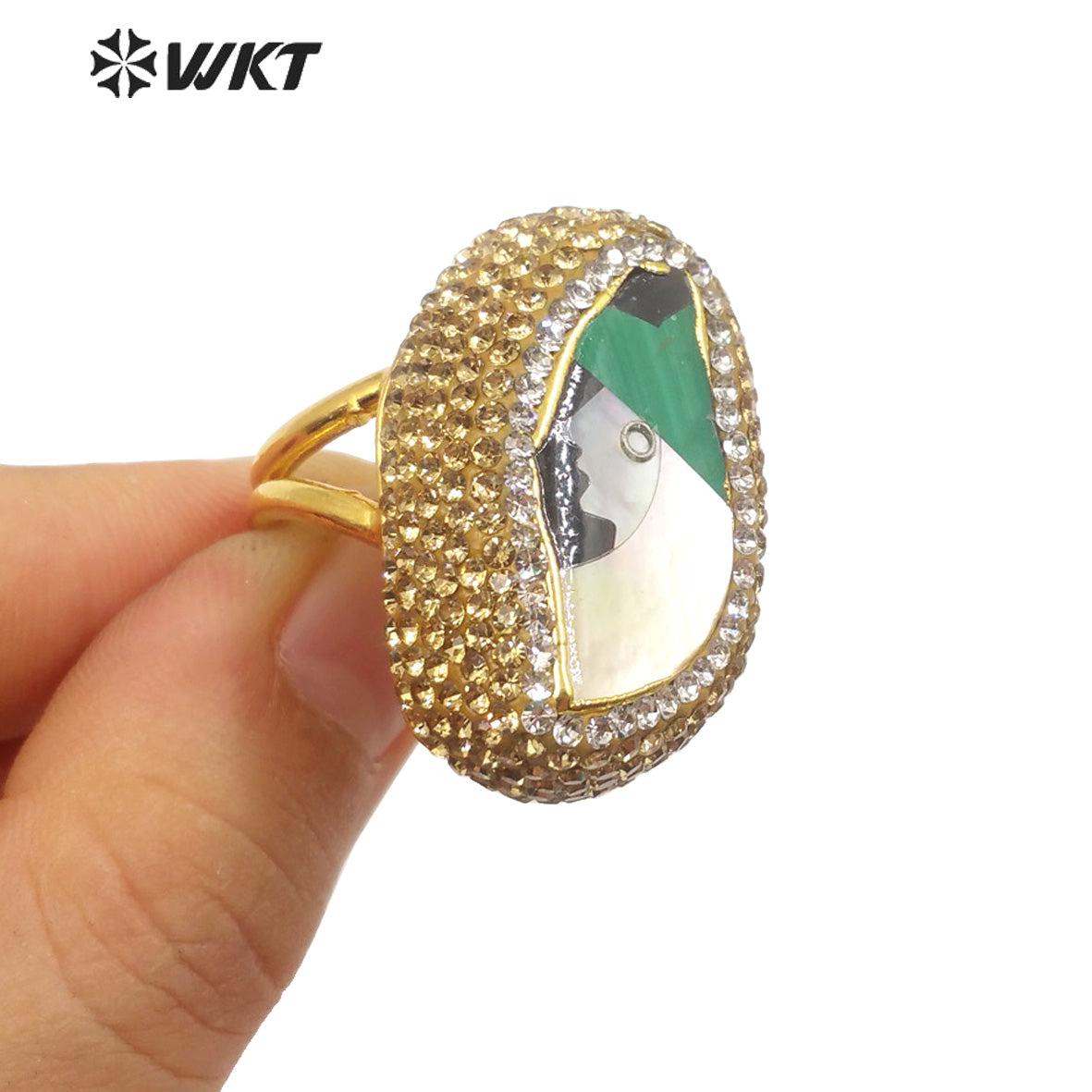WT-MPR033 Rustic Malachite Ring Pearl Shining Rhinestone 18k Gold Plated Delicate Elegant Lady Head Ring Natural Pearl Ring