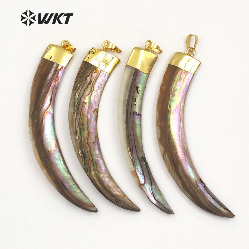 WT-JP063 Big Knife Shape Abalone Shell With Gold Capped Long Moon Women Stylish Necklace Pendant Natural Sea Shell Horn Pendant