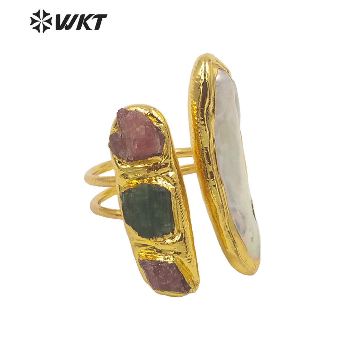 MPR017 WKT Women Gorgeous Gold Electroplated Pearl and Tourmaline Stone Ring Fashion Gemstone Cocktail Ring for Party