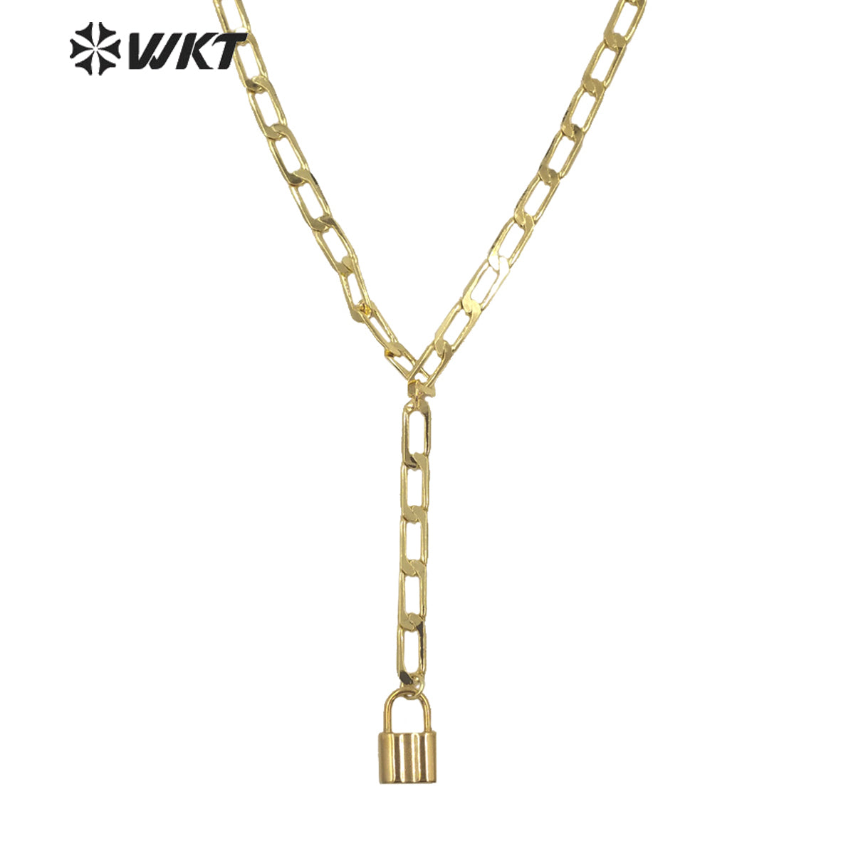 WT-N1307 Wholesale New Fashion 18k Real Gold Plated Faceted Curb Chain Y Shape Necklace Women Lock Choker Necklace