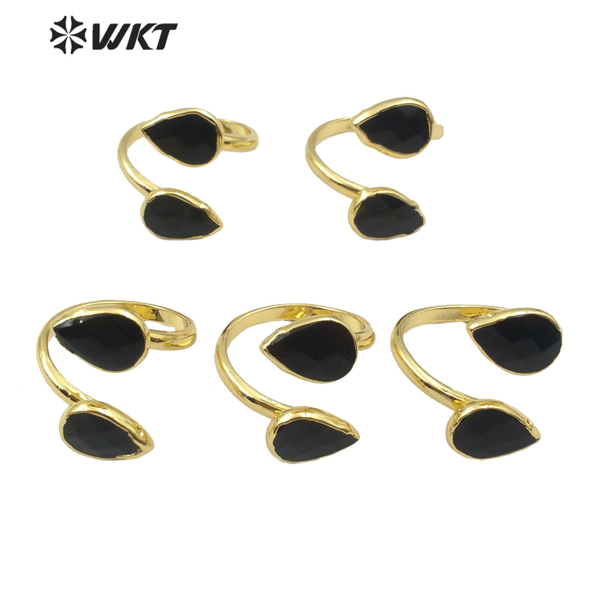 WT-R348 Wholesale Double Teardrop Natural Black Agate Ring Fashion Gold Plated Women Charm Jewelry Natural Stone Ring