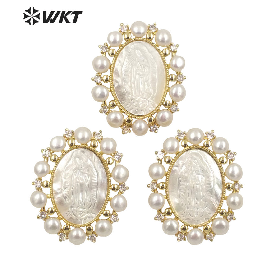 WT-JP275 Women Gorgeous Mother of Pearl Cubic Zircon Religious Pendant UK Design Tiny Pearl Charm Virgin Mary Necklace Pendant