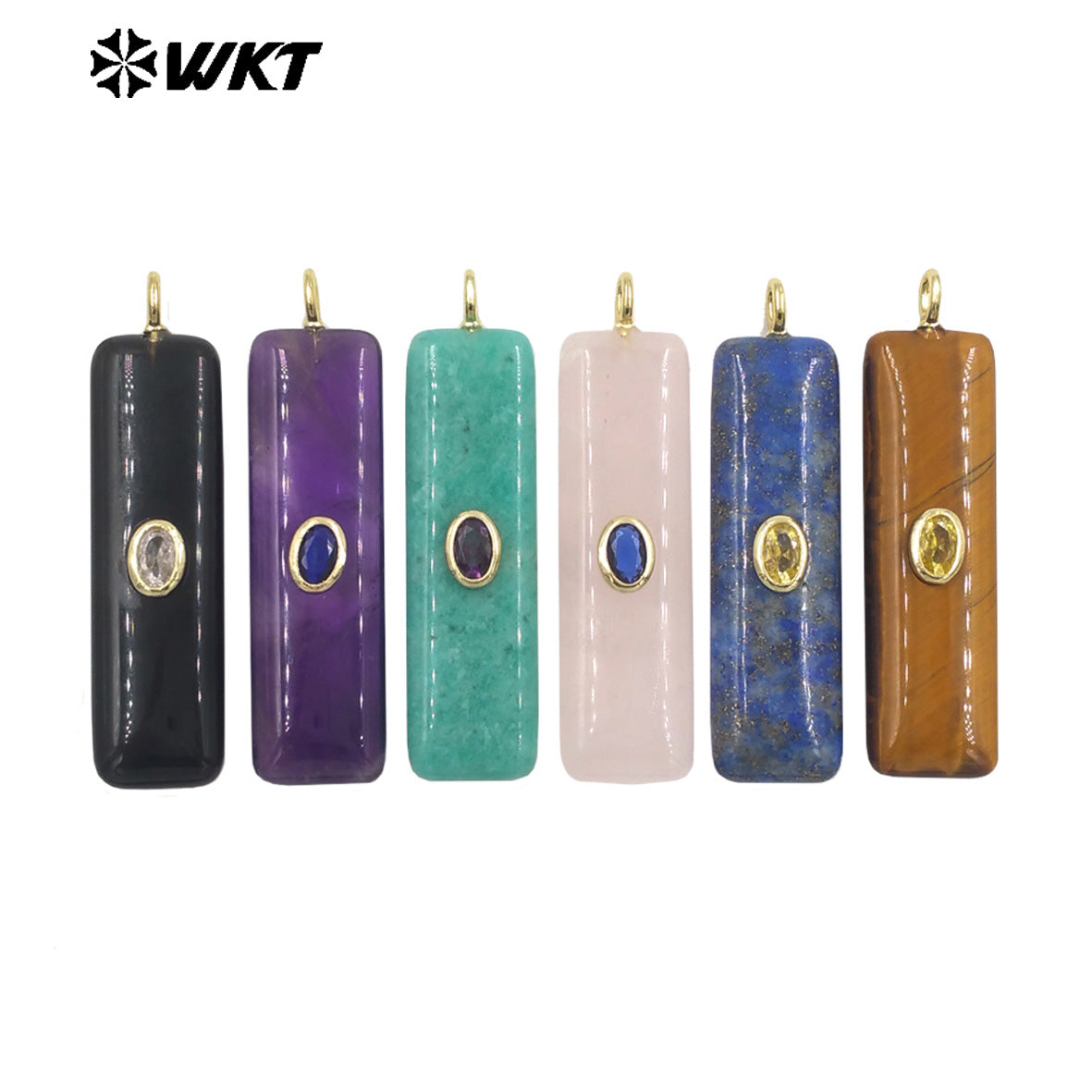 WT-P2019 Popular Fashion Rectangle Multi Color Natural Gemstones With Zircon Smooth Pendants For Romantic Jewelry DIY