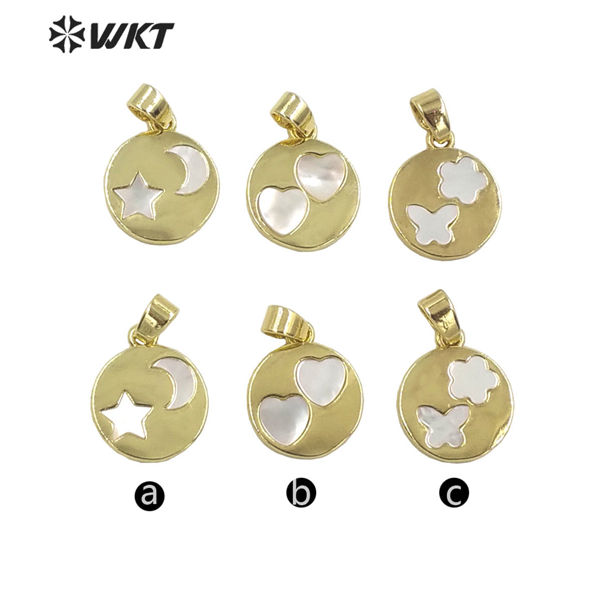 WT-JP325 Wholesale New Round Gold Bezel Shell Moon and Star Pendant Lovely Energy Heart Shell Charms for Friend Gift