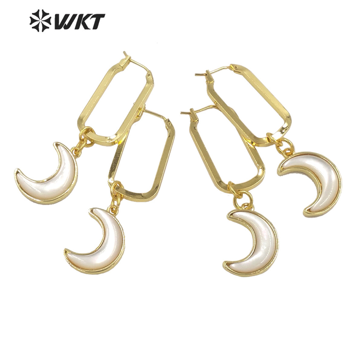 WT-MPE083 Wholesale White MOP Design Natural Crescent Moon Earrings Big Hoop Earrings with Moon Charms Crescent Horn Earrings