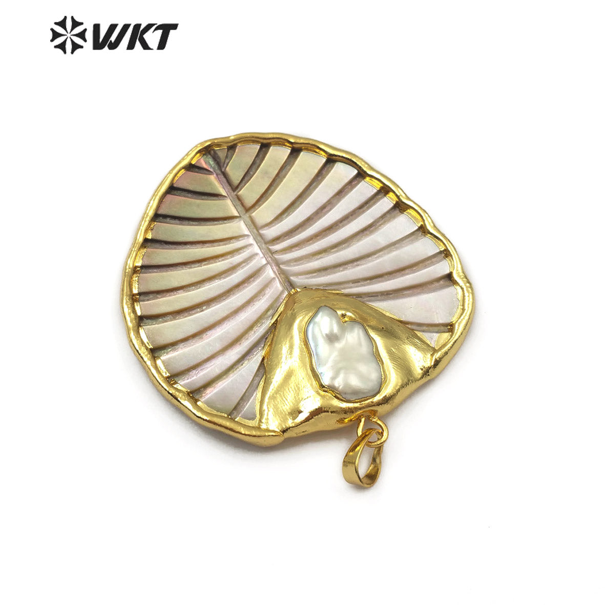 WT-JP100 Natural Color Leaf Shape and Grain Jewelry Necklace with 18K Gold Plated Edges and Pearl-embellished Shell Leaf Pendant