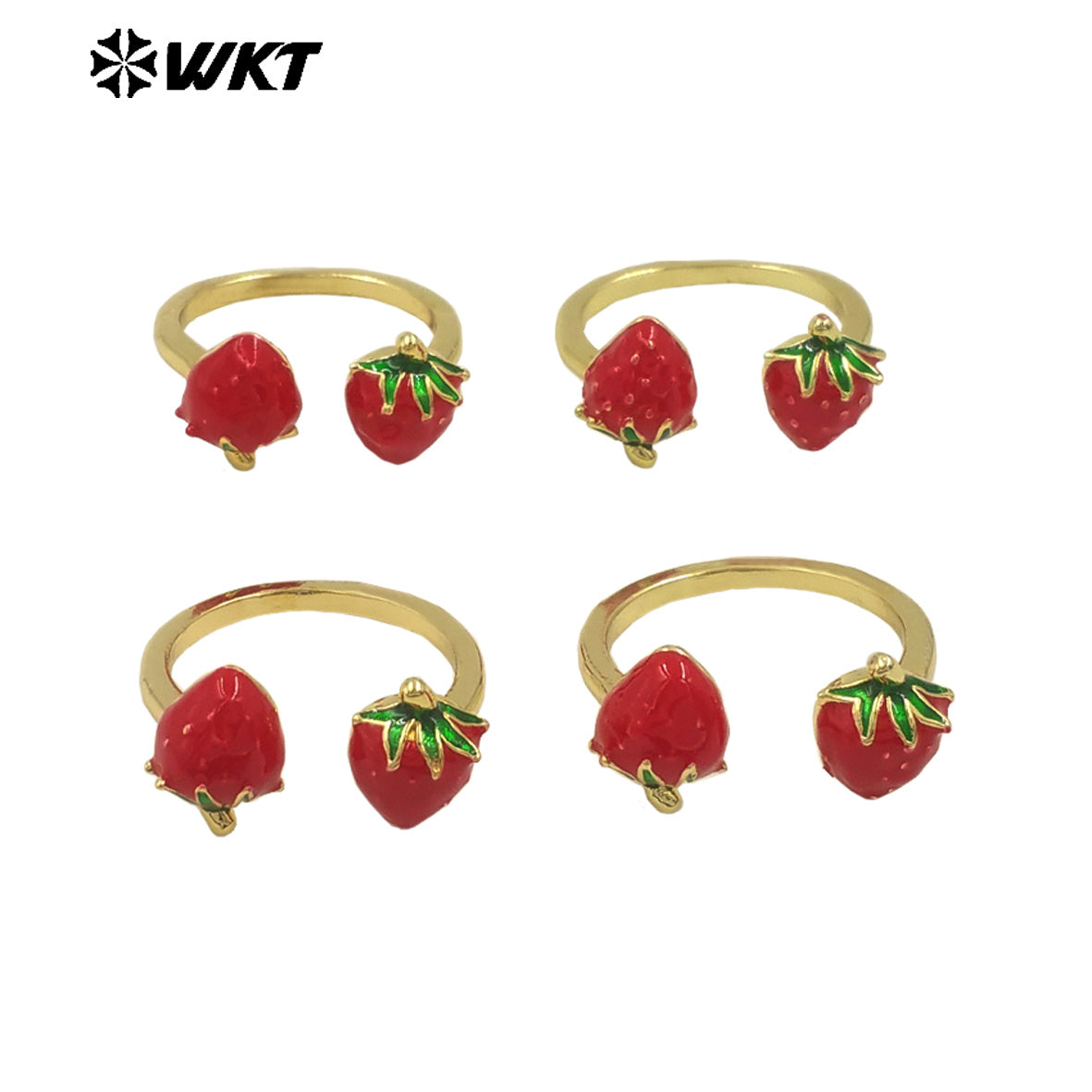 WT-RF009 Delicate Fruit Series Ring Yellow Brass With Drop Oil Double Strawberry Charms Adjustable Women Fashion Jewelry