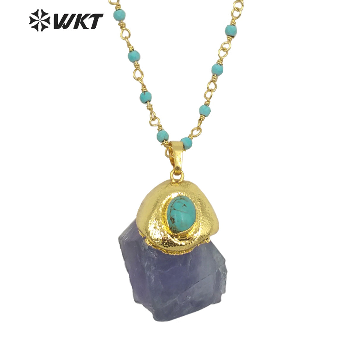 WT-N1288 Amazing Natural Raw Blue Fluorite Stone Necklace with Turquoise Charm High Fashion Gold Plated Gemstone Necklace