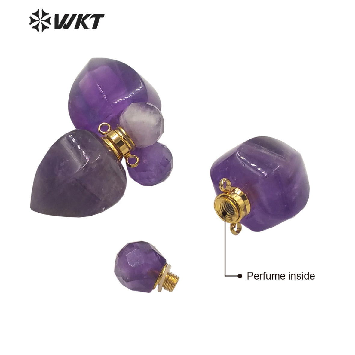WT-P1635 WKT New Design Natural Stone Amethyst Perfume Bottle Drop Pendant Lady Jewelry Stone Perfume Bottle Pendant As Gift