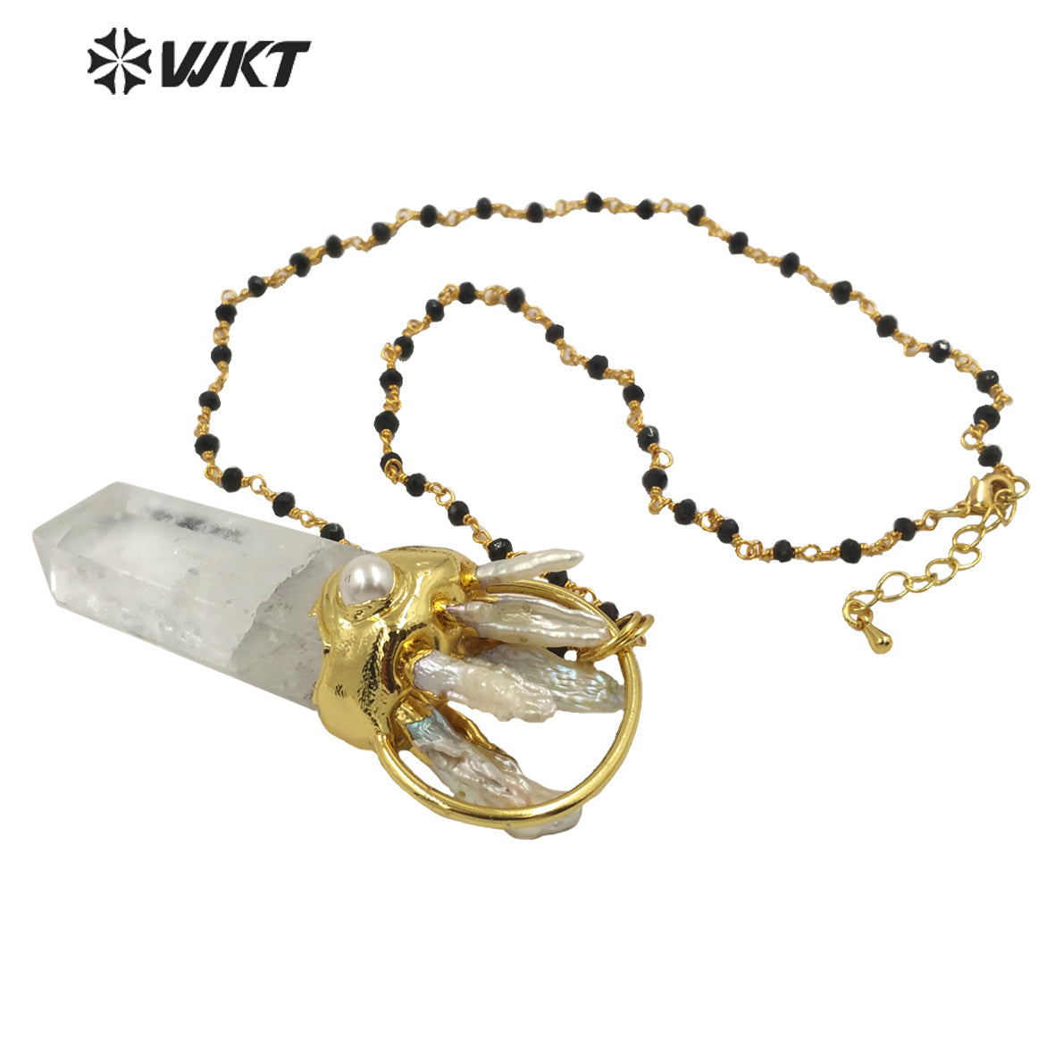 WT-N1265 Wholesale Fashion Gold Electroplated White Crystal Quartz Point Stone Necklace Lady Big Stone Energy Pearl Necklace