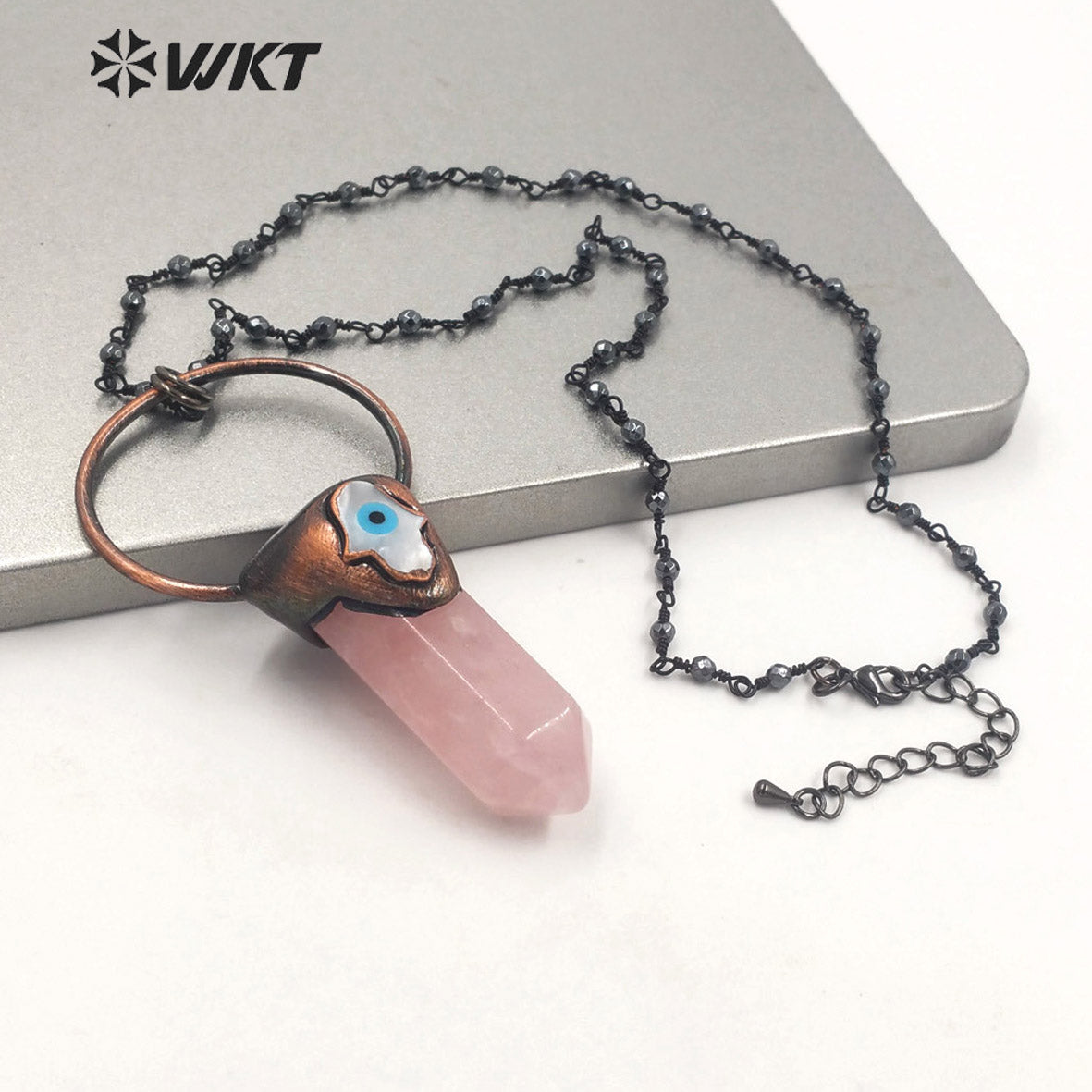 WT-N1391 Vintage Bohemian Hexagon Rose Quartz Stone Necklace Antique Copper Hematite Beads Chain Pendant Necklace