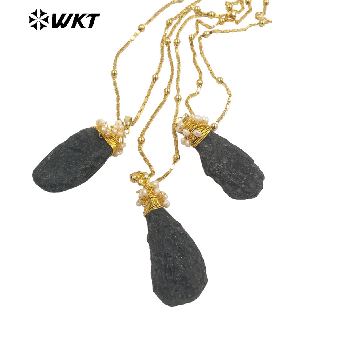 WT-N1426 Black Meteorite Necklace 20inch Long Boho Beads 18k Yellow Gold Beads Necklace Gemstone Casual Long Statement Necklace