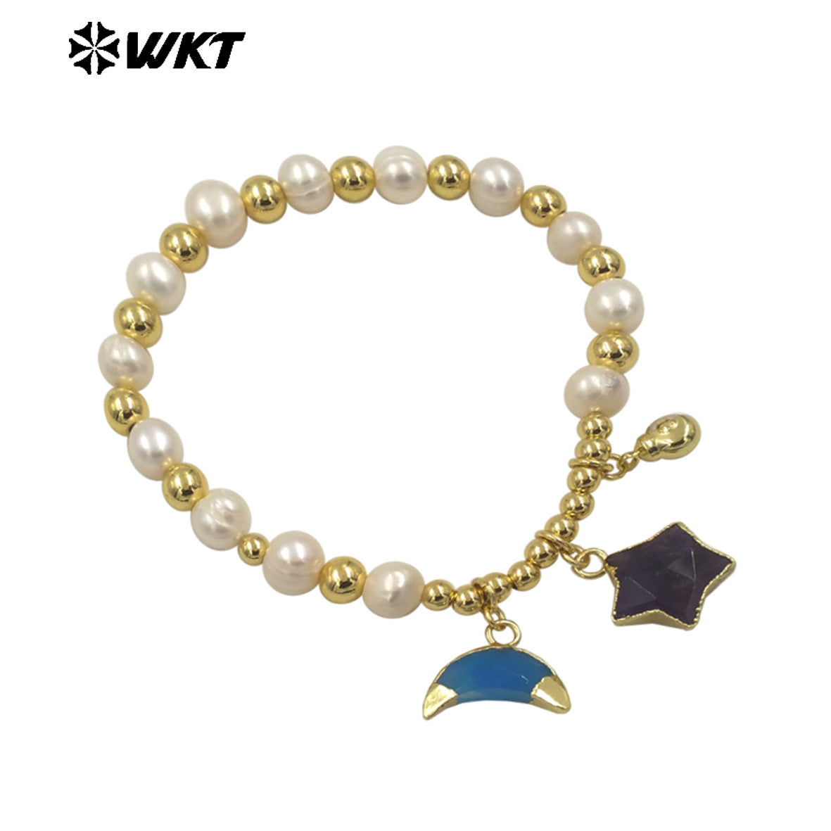 MPB127 High Quality Lovely Pearl Bracelet With Moon and Star Stone Charms Gold Electroplated for Ladies Jewelry Accessories
