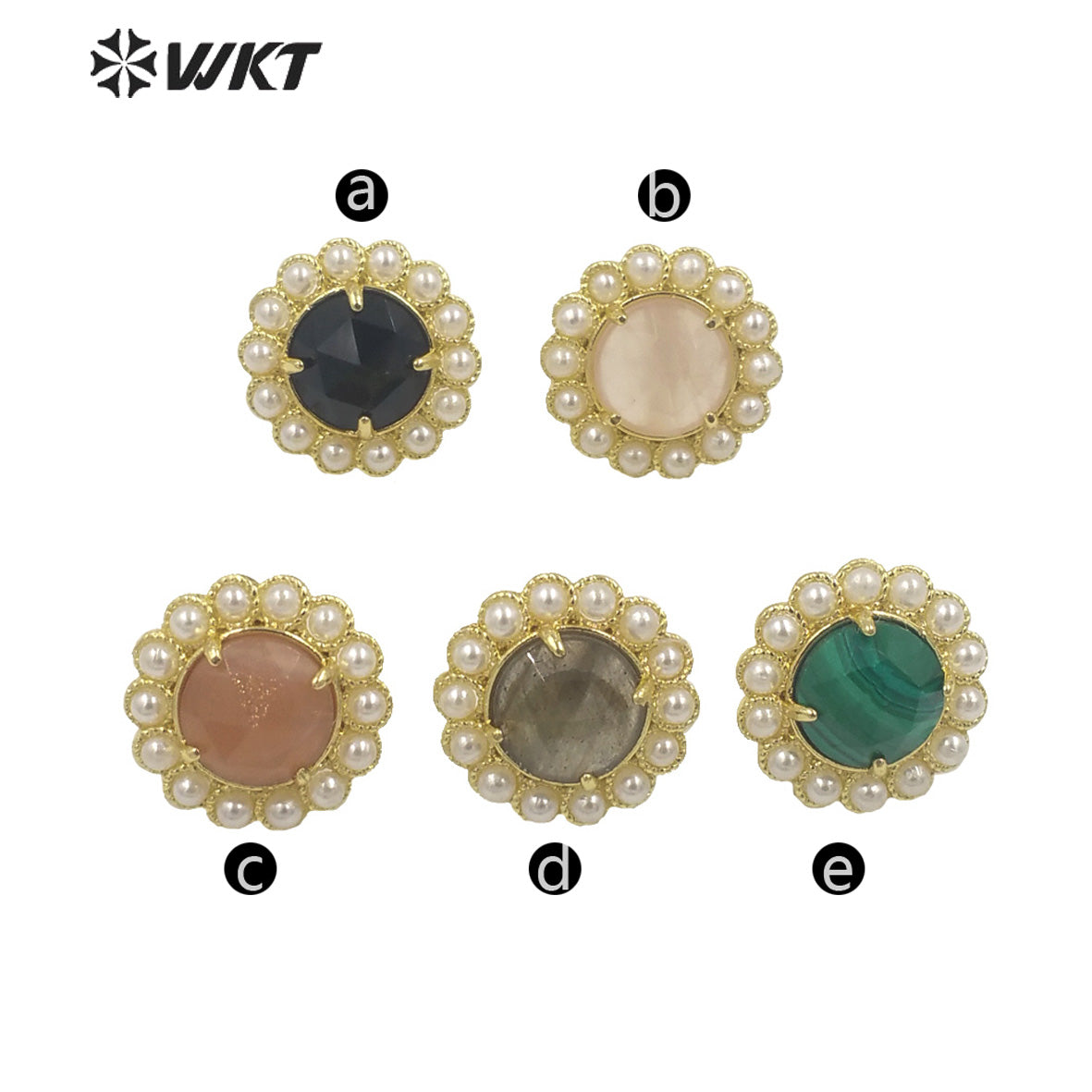 WT-MPE121 Wholesale Fashion Gold Plated Round Pearl Setting with Claw Gorgeous Natural Sun Stone Earring Studs