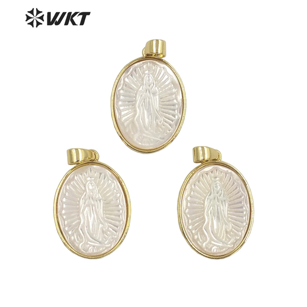 WT-JP320 Wholesale Fashion Religious Christian Virgin Mary Shell Pendant Gold Bezel Oval Shape MOP Jewelry Pendant