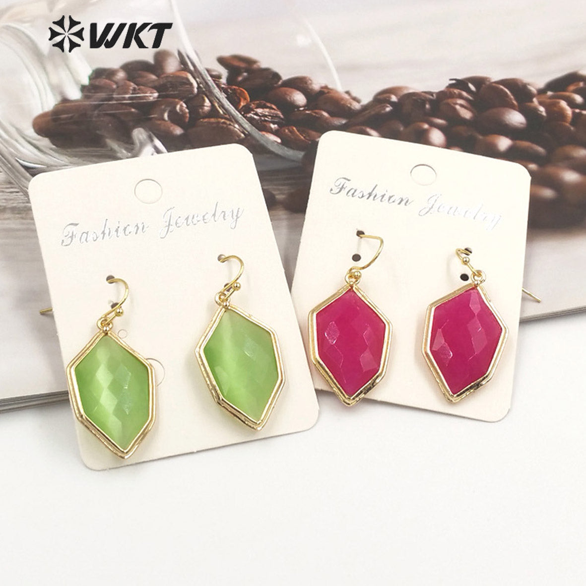 WT-E740 Amazing Colorful Elegant Natural Cat Eye Stone Hexagon Shaped Long Charming Earrings Women Pendant Earrings