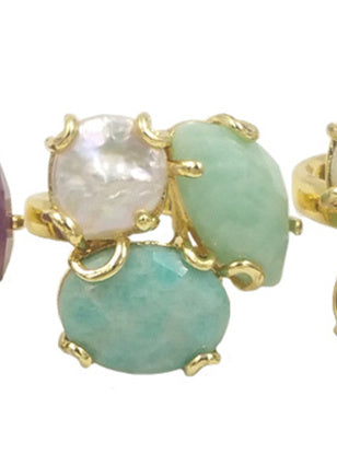 WT-R418 Women 18k Real Gold Plated Resist Tarnishable Triple Stone Prong Setting Natural Stone and Pearl Mix Party Ring