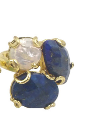 WT-R418 Women 18k Real Gold Plated Resist Tarnishable Triple Stone Prong Setting Natural Stone and Pearl Mix Party Ring