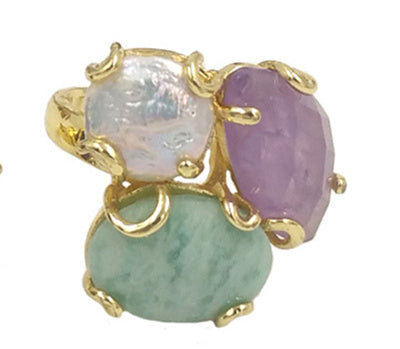 WT-R418 Women 18k Real Gold Plated Resist Tarnishable Triple Stone Prong Setting Natural Stone and Pearl Mix Party Ring