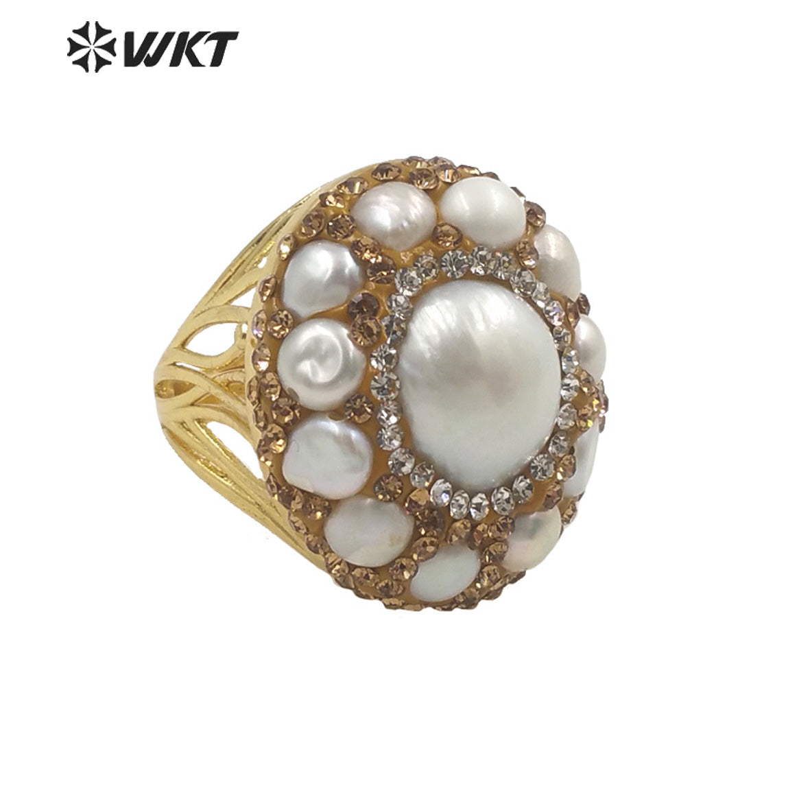 WT-MPR046 WKT Newest Handmade Rhinestone Setting Multi Pearl Ring Women Gold Plated Freshwater Pearl Wedding Ring for Gift
