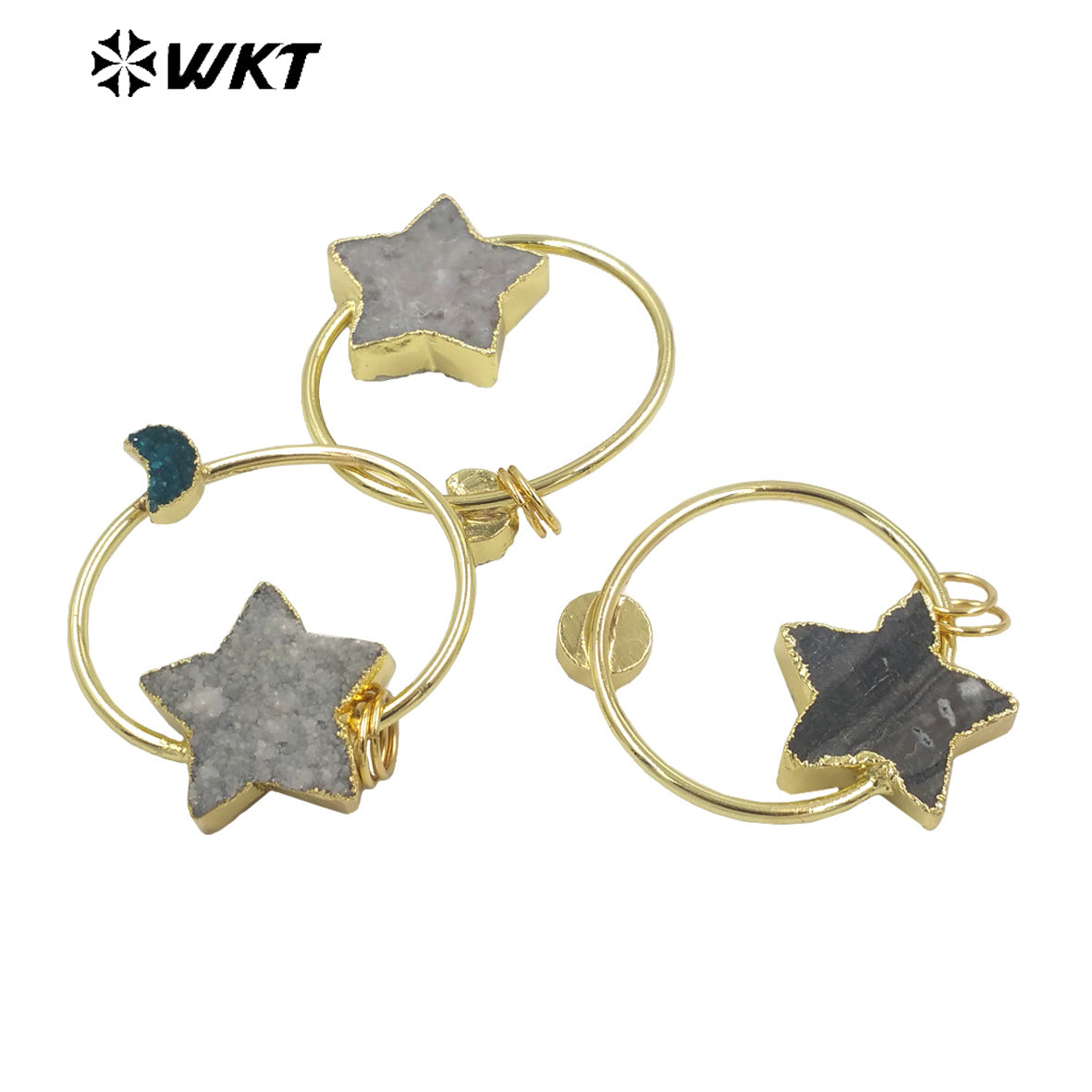 WT-P1782 Cute Star Moon Aura Druzy Quartz Small Delicate Pendant with Moon Round Stone Crystal Pendant for Women Gifts
