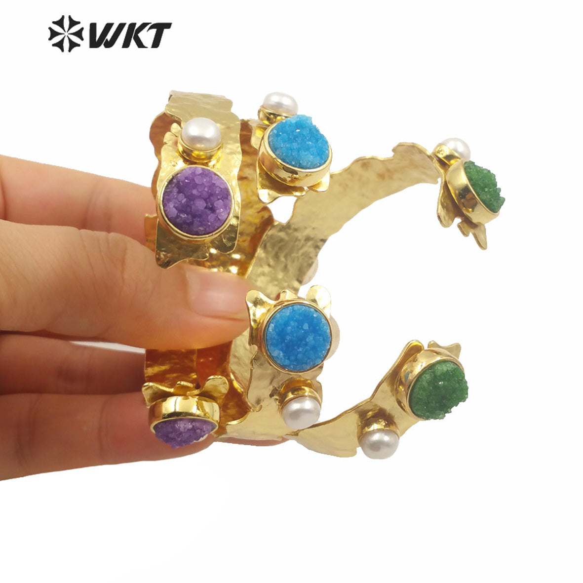 WT-B565 Wholesale Women Gold Electroplated Double Druzy Stone Bangle New Popular Irregular Gold Brass Druzy Quartz Stone Bangle