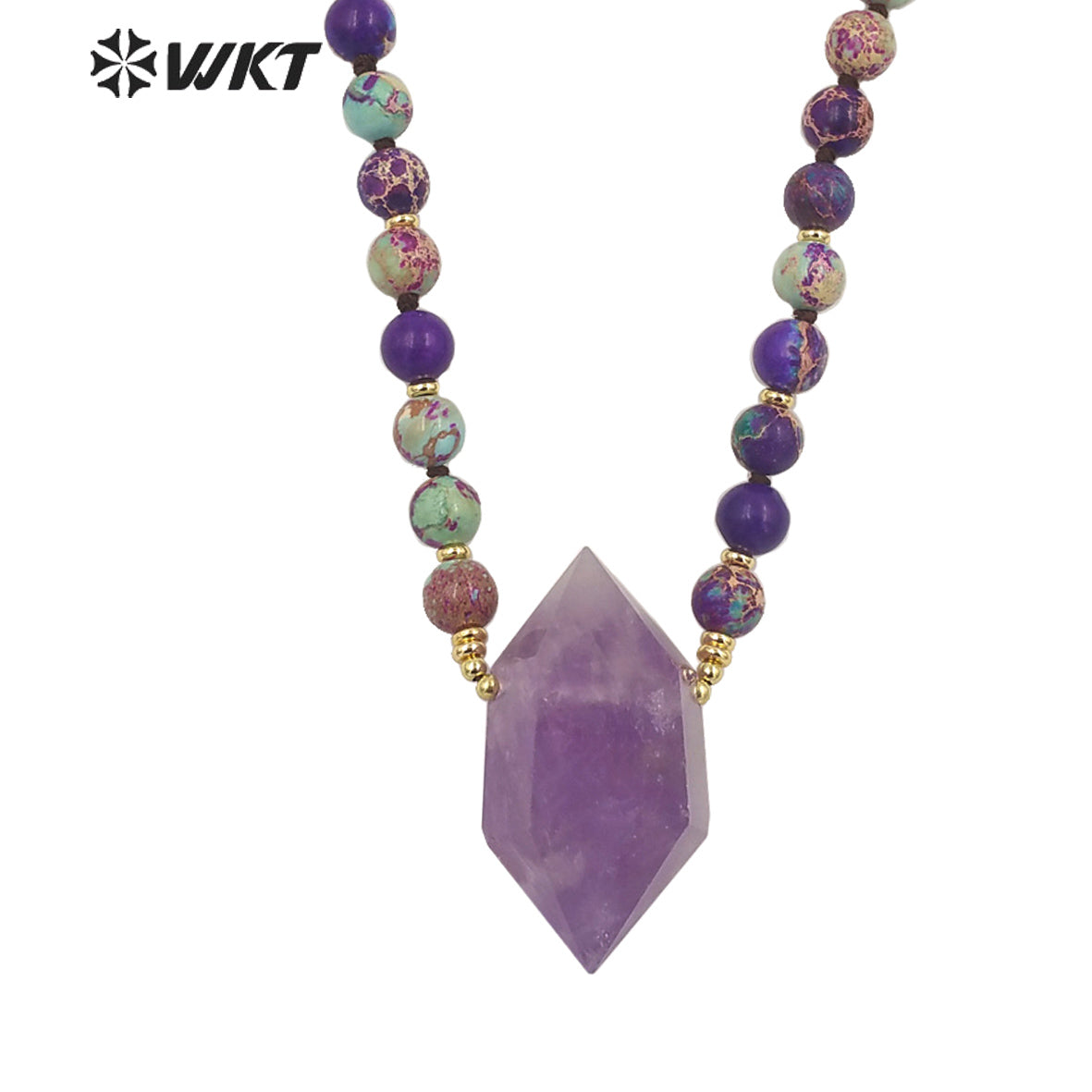 WT-N1374 Charming Natural Amethyst Pendant Bohemia Bead Chain Colorful Jasper Bead Necklace Women Gifts Natural Crystal Necklace