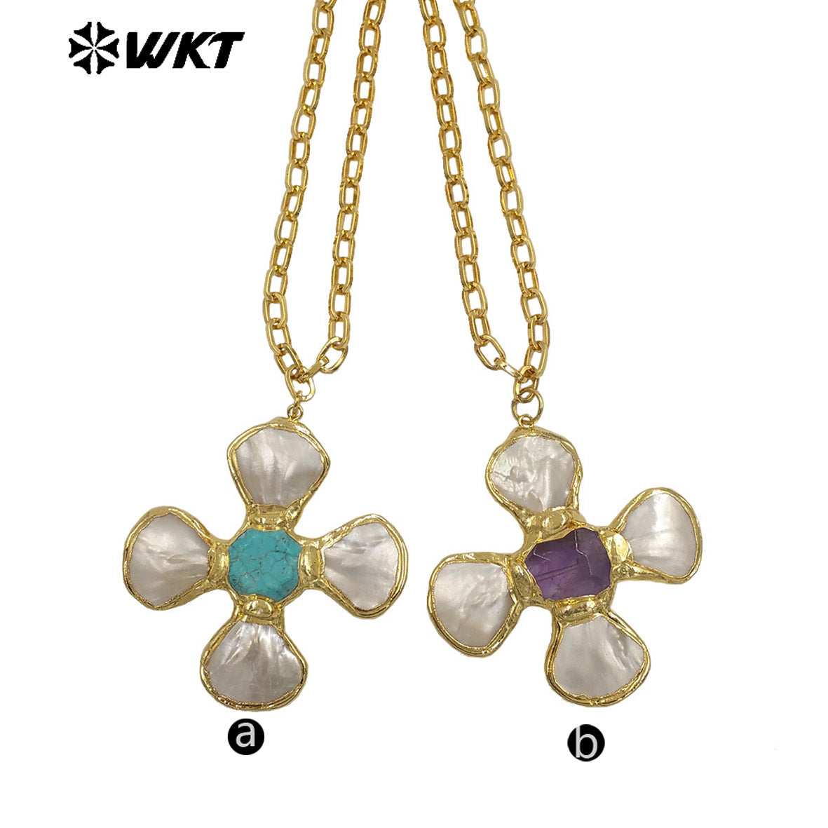 WT-JN346 Popular 18K Gold Plated Natural Turquoise Amethyst Stones And Shell Flower Shape Pendant Necklace As Party Jewelry