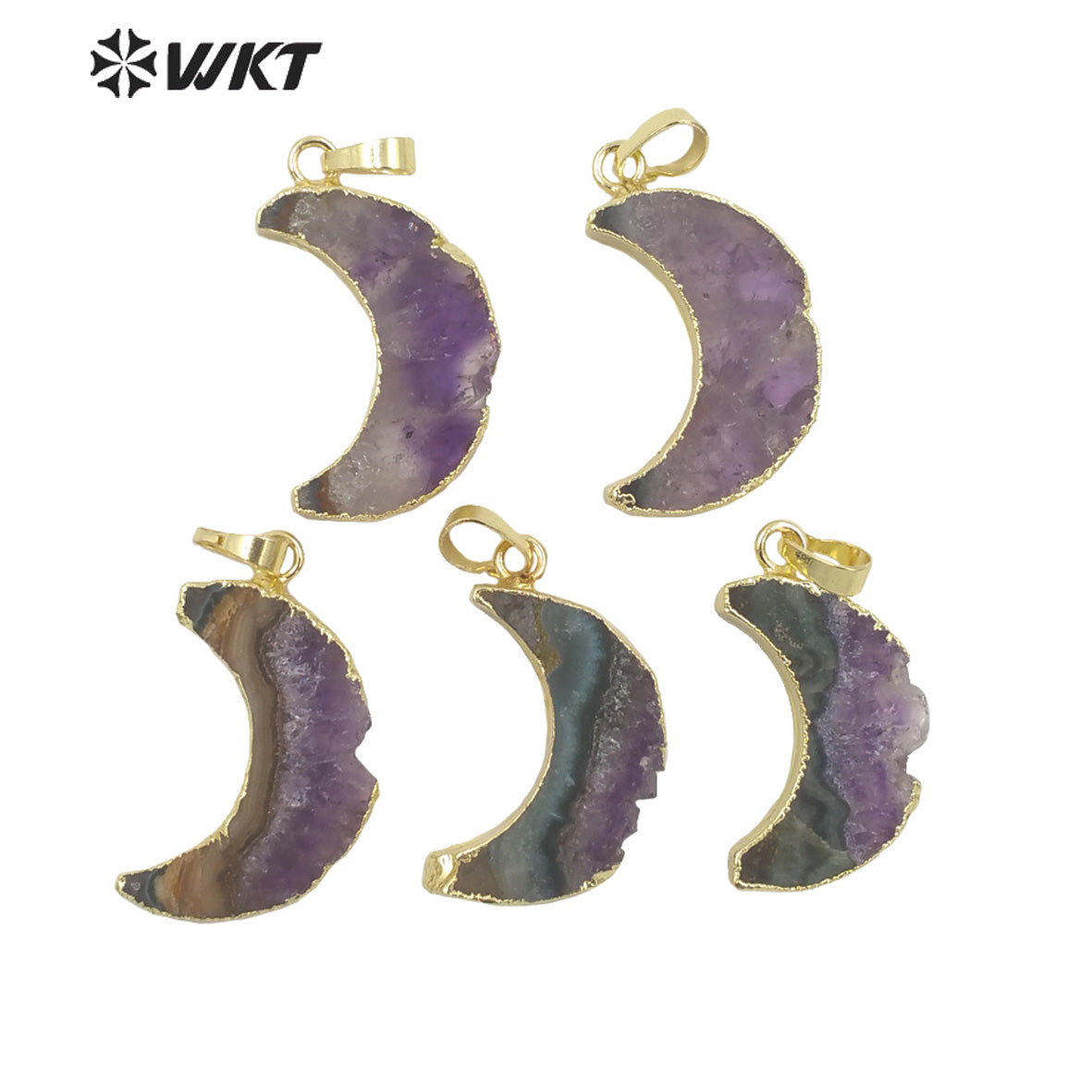 WT-P1705 New Small Size Slice Gold Plated Crescent Moon Aemethyst Stone Pendant Moon Lady Raw Stone Moon Pendant for Necklace
