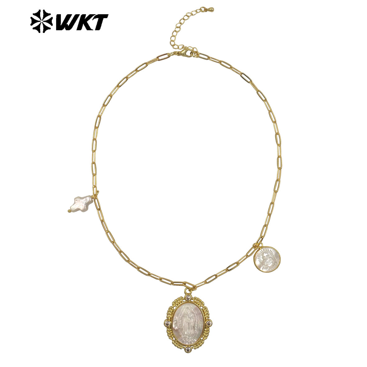 WT-JN322 Wholesale 18K Gold Electroplated Pearl Shell Pendant Necklace Hand Carved Virgin Mary Pattern Vintage Women Jewelry