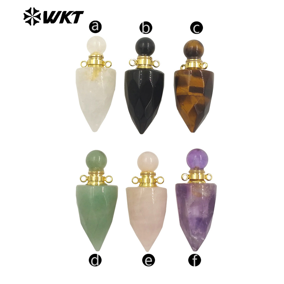 WT-P1979 New Design Fashion Gold Plated Faceted Natural Gemstone Carved Bullet Point Perfume Bottle Pendant for Necklace