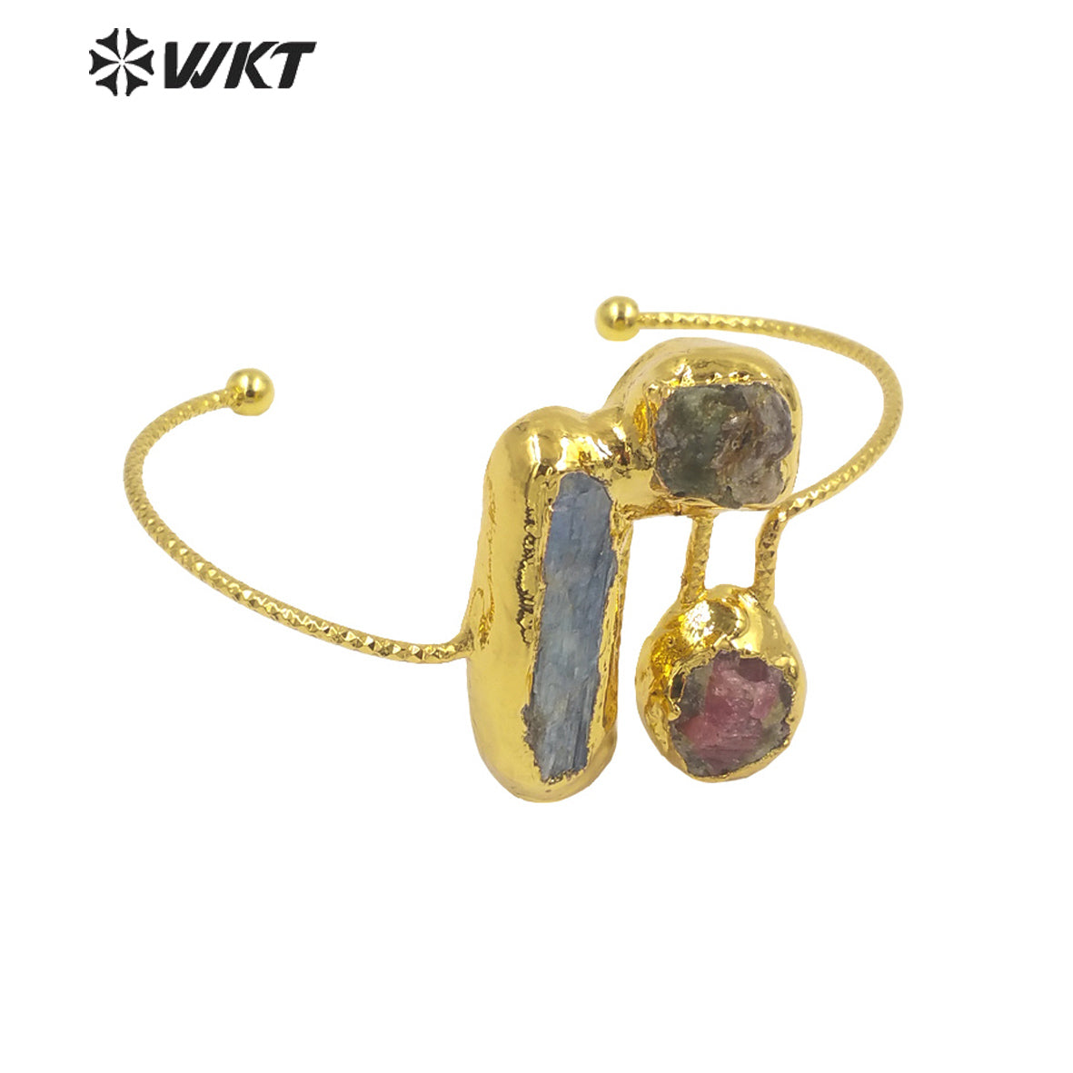 WT-B621 Gorgeous Fashion Triple Natural Stone Bangle Open Size Cuff Adjustable Kyanite Bangle Handmade Gold Anniversary Gift