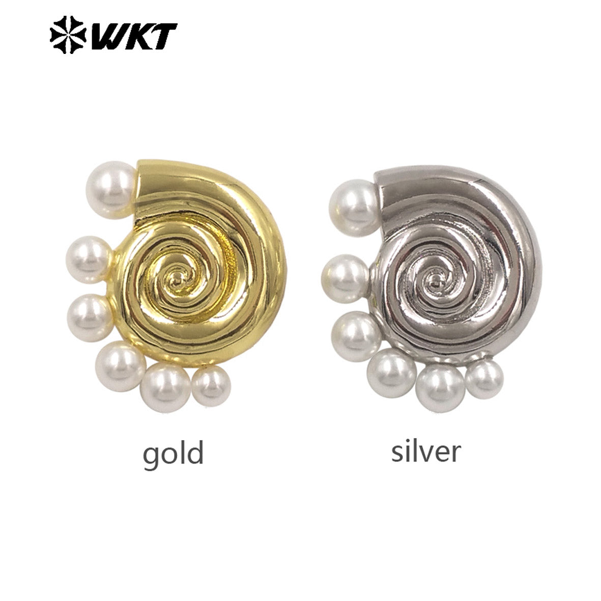 WT-ME130 Summer Hot Sales Gold And Silver Plated Brass With Artificial Pearl Shell Shape Earrings For Daily Casual Wearing