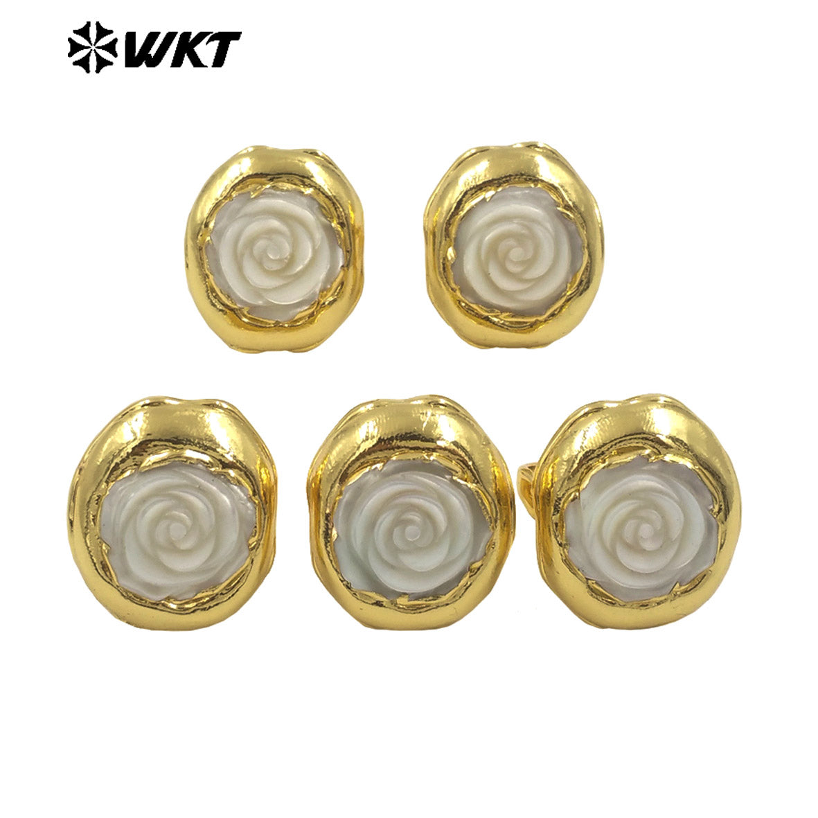 WT-MPR125 Newest Delicate Natural MOP Shell Ring Rose Flower Carved Shape Gold Plated Open Size Party Gift Female Jewelry