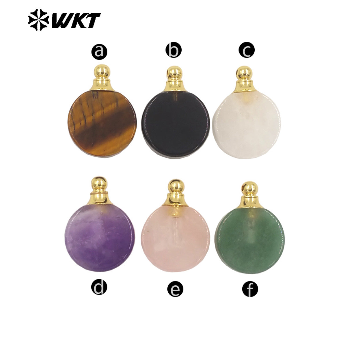 WT-P1982 Wholesale Fashion High Polish Round Flat Women Gold Loops Natural Gemstone Made Amethyst Essencial Oil Bottle Pendant
