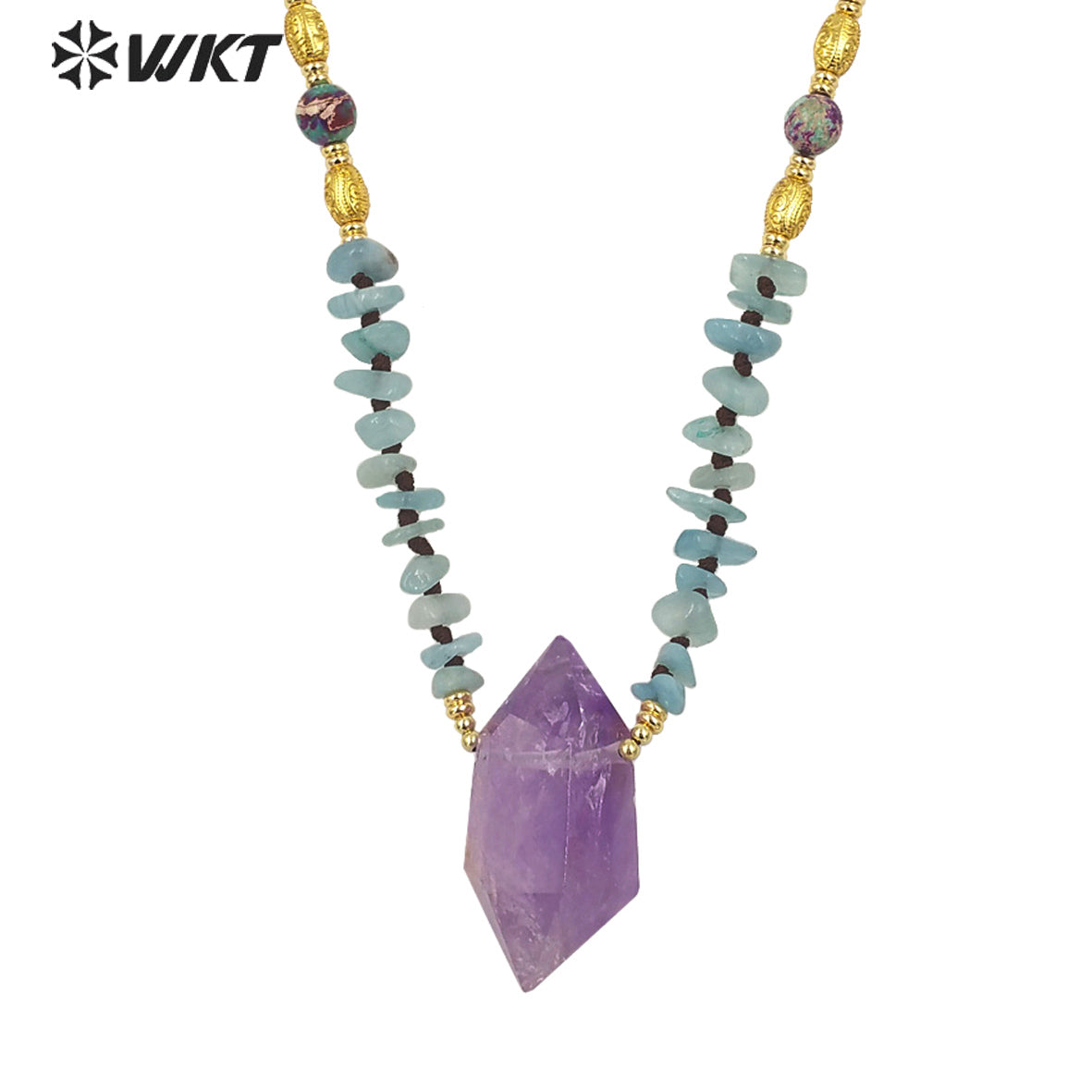 WT-N1377 Fashion Gemstone Bead Chain Quartz Bead With 18k Real Gold Plated Necklace Amethyst Pendant Natural Crystal Necklace
