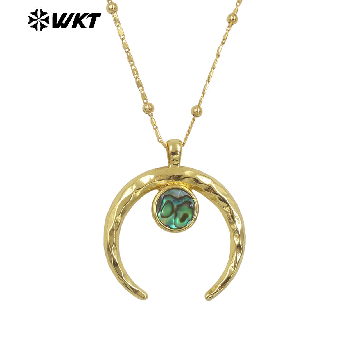 WT-JN275 Wholesale New Big Brass Gold Plated Natural Abalone Shell Crescent Horn Necklace for Women Jewelry