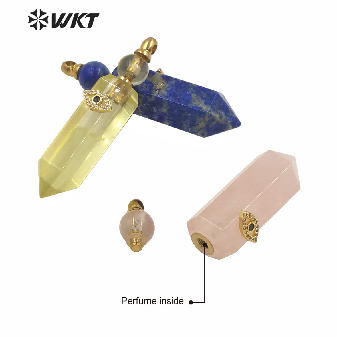 WT-P1603 NEW Charm Eye Hexagonal Spirit Point Rose Quartz Stone Perfume Bottle Women Fashion Gold Turkey Eye Perfume Pendant